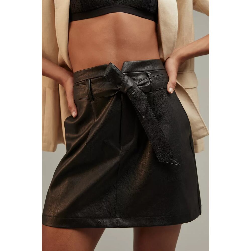 New Anthropologie Paige Vegan Leather Tie Mini Skirt $199 Sz 27 (4) BELTED Black - Picture 2 of 8